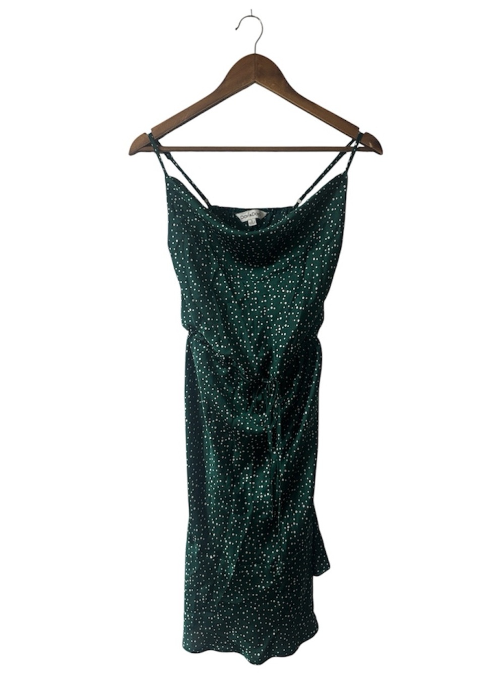 Davi & Dani Green Polkadot Fit Flare Midi Dress Draped Spring Summer Size Small